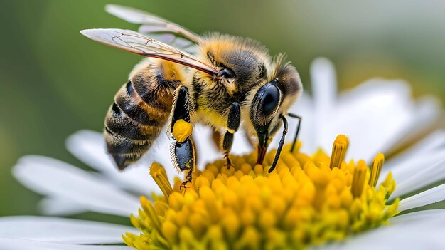 Photo a bee pollinating a daisy the bee is covered in yellow pollen the daisy has white petals and a yellow center