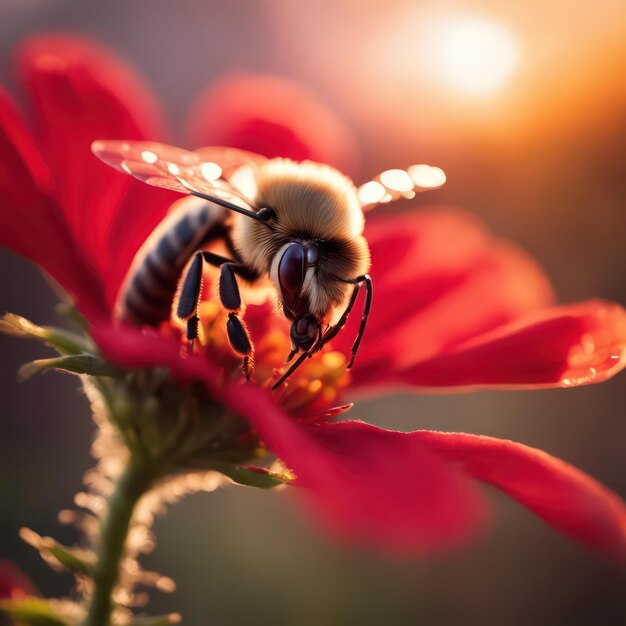Bee pollinating vibrant red flower at sunset Generative AI
