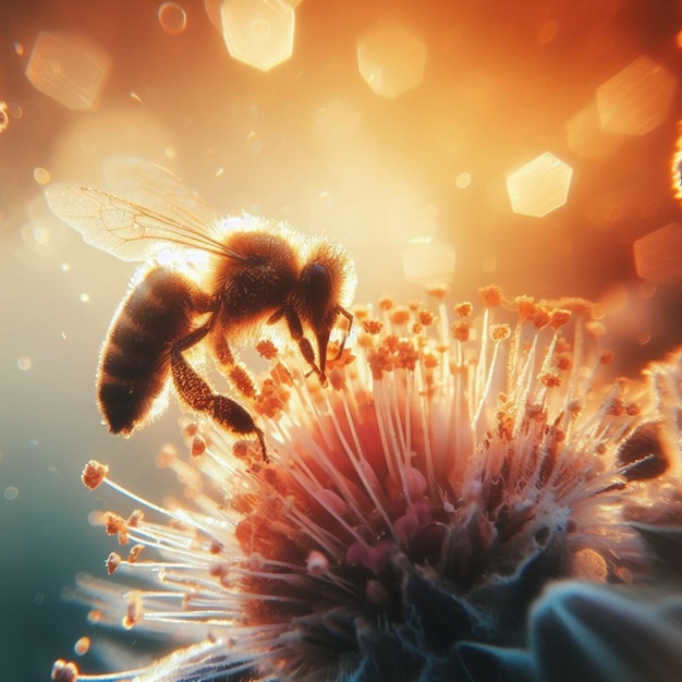 bee pollinize flower at sunrise macro close up shot