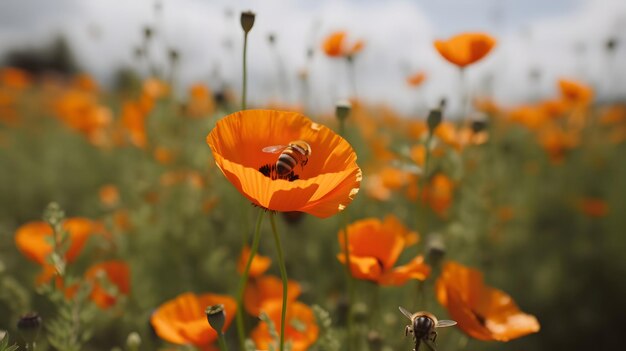 A bee on a poppy field with a bee on it