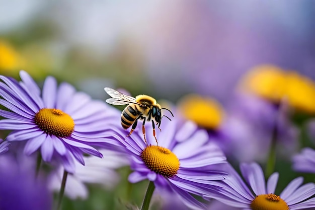 Bee on a purple flower with yellow flowers