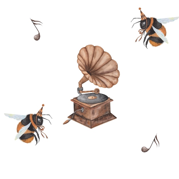 A bee and a record player with bees on them