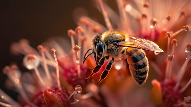 A bee on red flower collects pollen Generative AI illustration