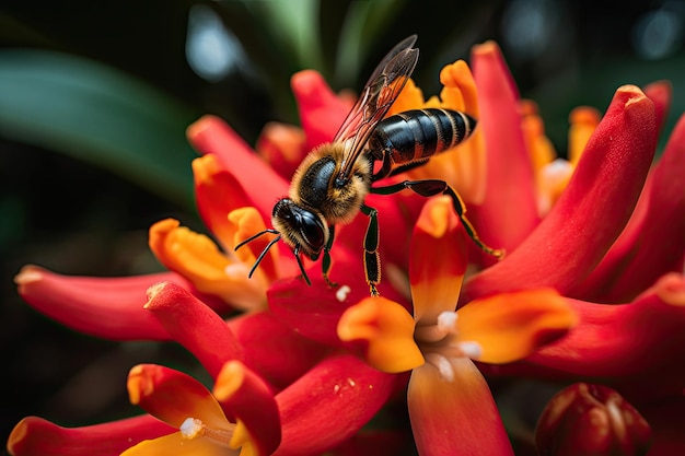 Photo a bee on a red flower generative ai