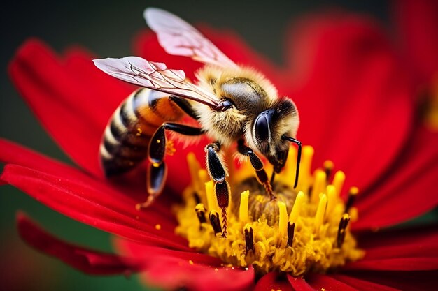 Bee Resting on a Crimson Blossom Generative AI