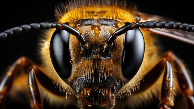 Foto bee's eyes close up opvallend zwart oog en oranje lichaam op zwarte achtergrond