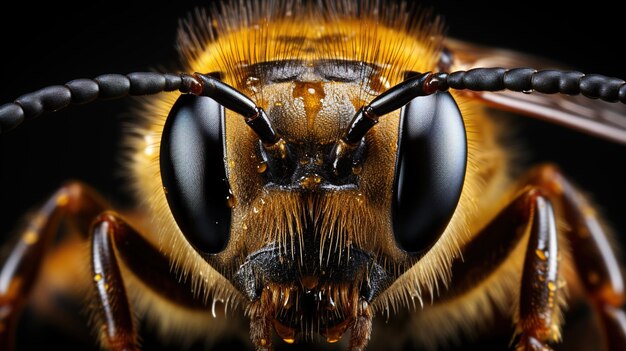Глаза пчелы вблизи Черный глаз и оранжевое тело на черном фоне