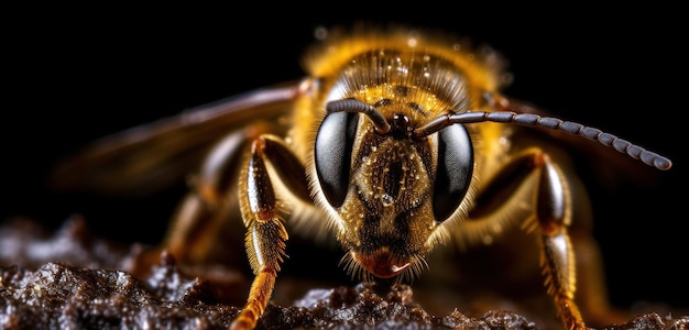 A bee sits on a dark background.