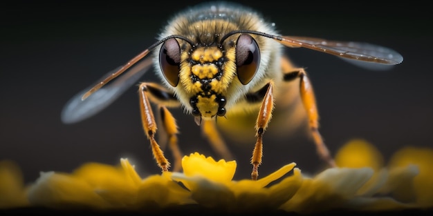 A bee sits on a flower with a black background.