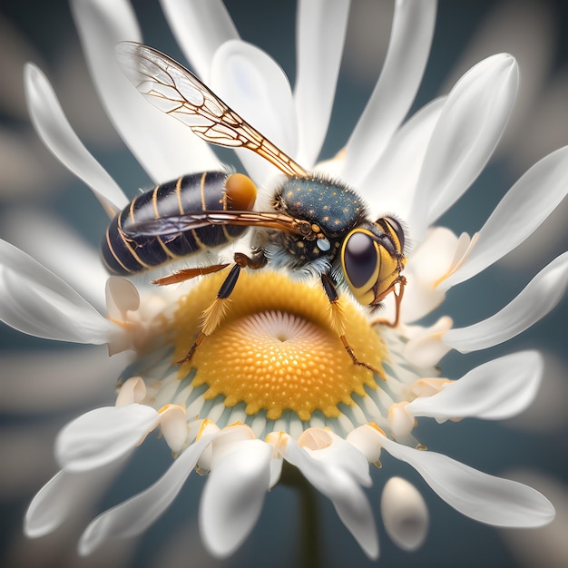 A bee sits on a flower with a white flower in the background.