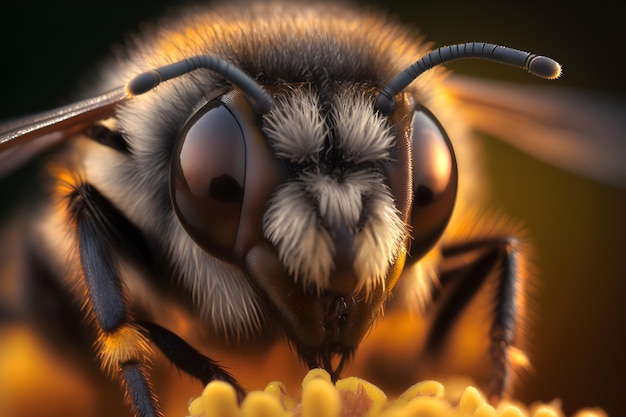 A bee sits on a flower with a yellow background.