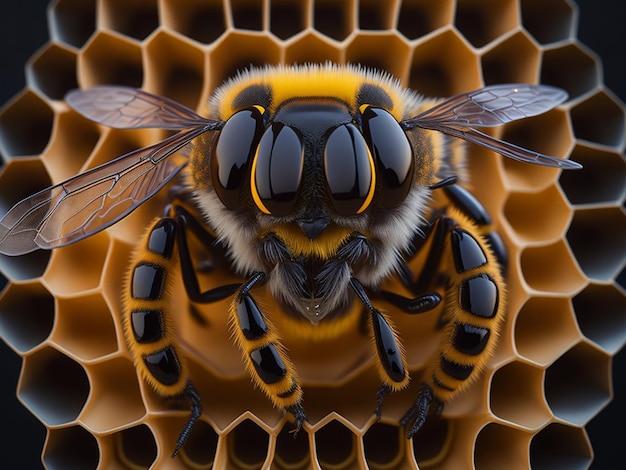 A bee sits on a honeycomb that has a large black eye.