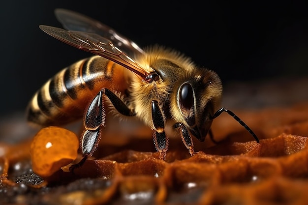 A bee sits on a honeycomb with a black background.