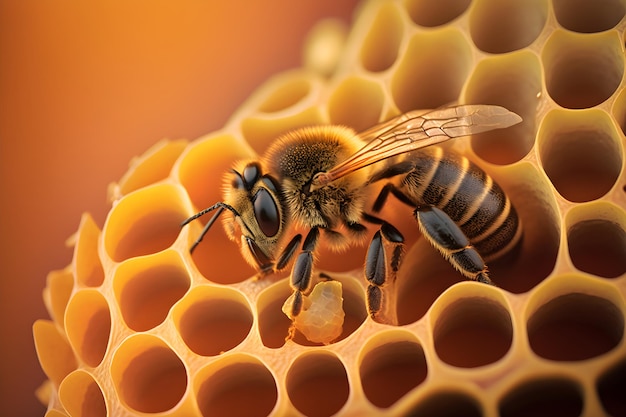 A bee sits on a honeycomb with the word honey on it.