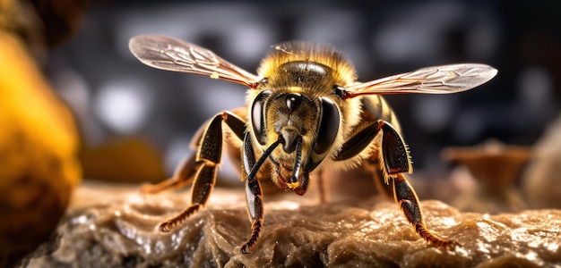 A bee sits on a piece of meat.