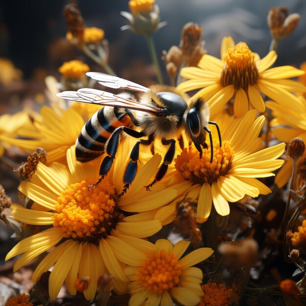 A bee sits on some flowers in the style of cartoon realism 102