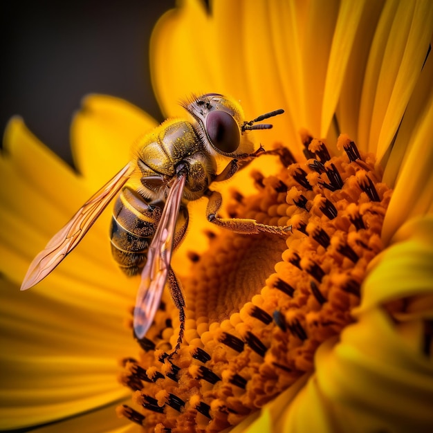 A bee sits on a sunflower with the sunflower in the background.