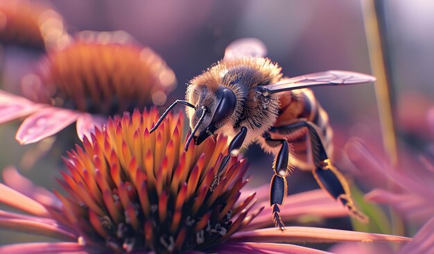 Bee sitting on top of a purple flower