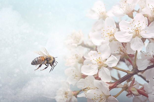 Bee on a snowy white chrysanthemum