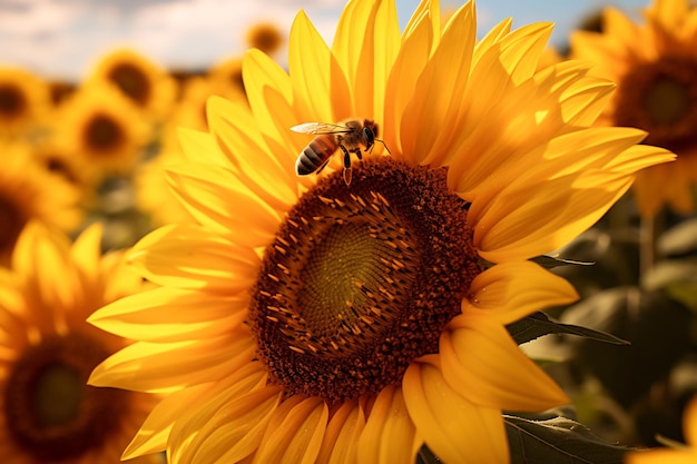 Bee on sunflower in sunflower field