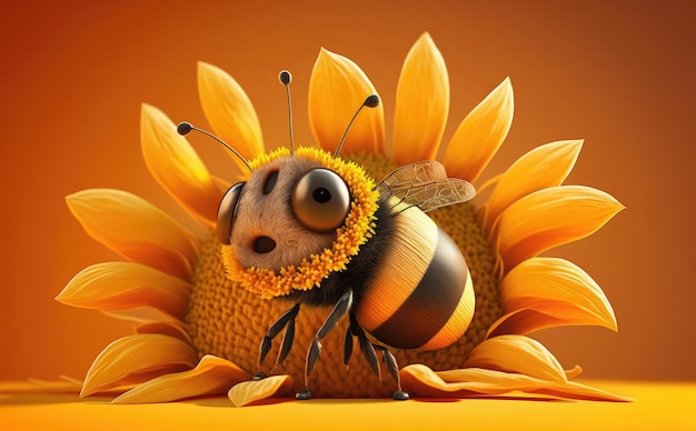 A bee on a sunflower with a yellow background