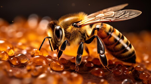 A bee on a surface with water drops