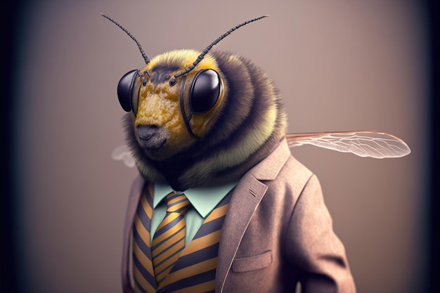 A bee wearing a suit and a shirt that says bee on it