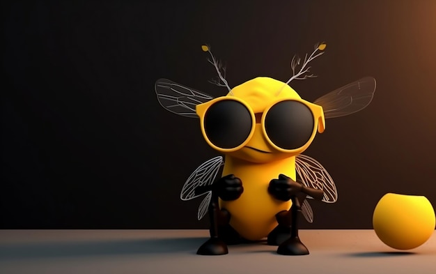 Пчела в темных очках сидит на столе с черным фоном.
