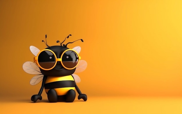 A bee wearing sunglasses sits on a yellow background.