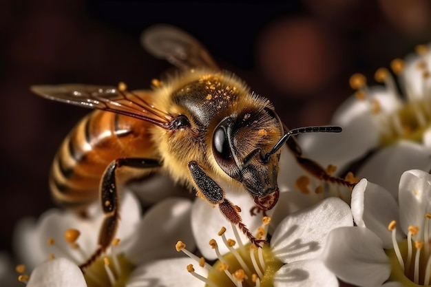 A bee on white flower collects pollen Generative AI illustration