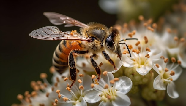 A bee on a white flower with a yellow center and a black center.