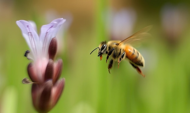 The bee whizzes past a colorful array of flowers leaving only a blur in its wake Creating using generative AI tools