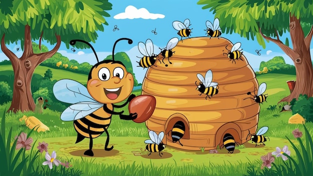 Photo a bee with a beehive and a bee with bees around it