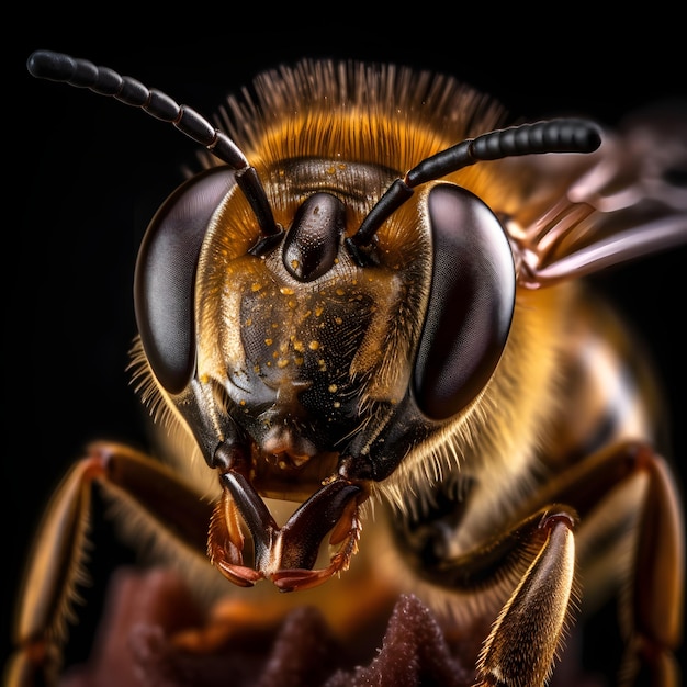 A bee with a black background and a black background