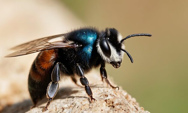 Photo a bee with a blue and black body and a black head