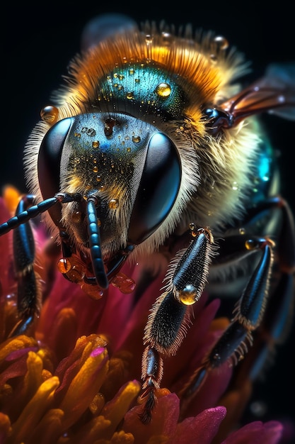 A bee with a blue and yellow coat and a black background