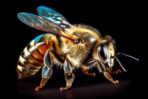 A bee with a blue and yellow coat has a large wing and a blue stripe on its chest.