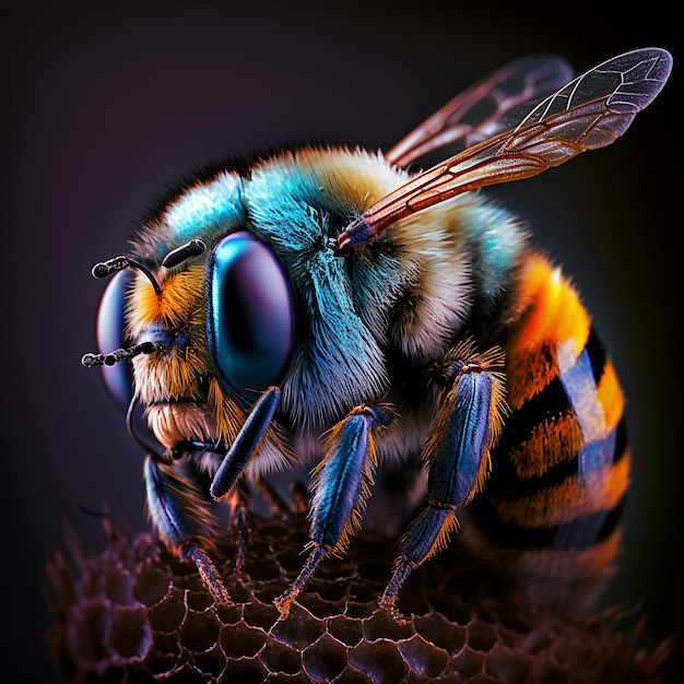 A bee with a blue and yellow coat is on a piece of a flower.