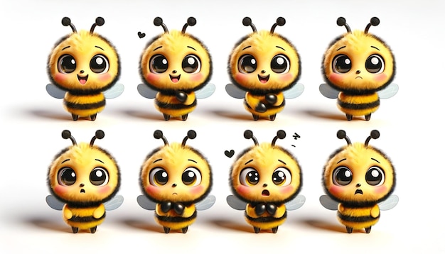 bee with exaggerated cute features displayed in four different angles and expressions against a sta