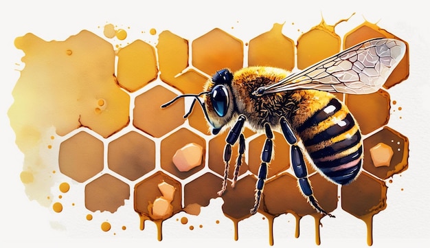 A bee with a honeycomb pattern that says'honey bee'on it