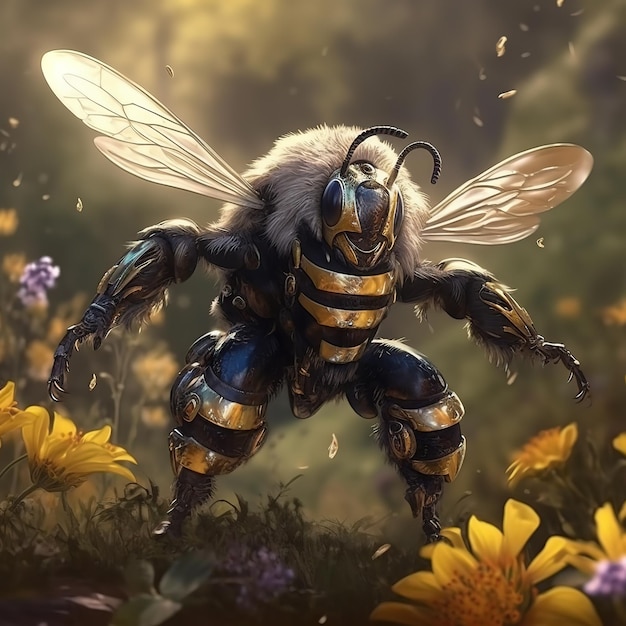 A bee with a large body and large wings stands in a field of flowers.