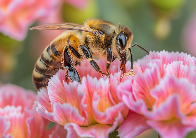 Photo a bee with a pink flower in the background