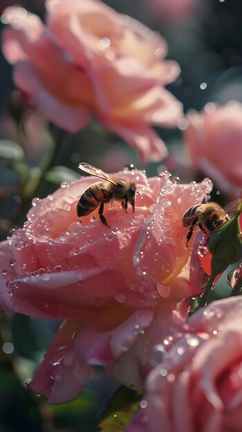 写真 ピンクのバラをつけたミツバチ