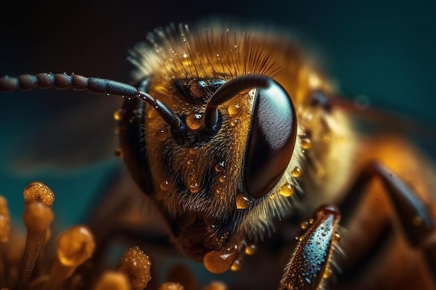 A bee with water drops on its face