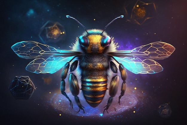A bee with wings that say'bee'on it