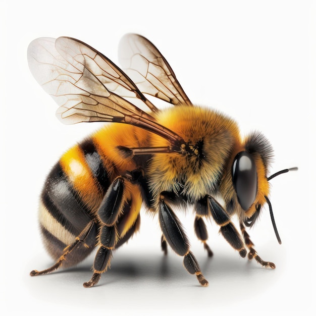 A bee with a yellow and black markings on its chest.