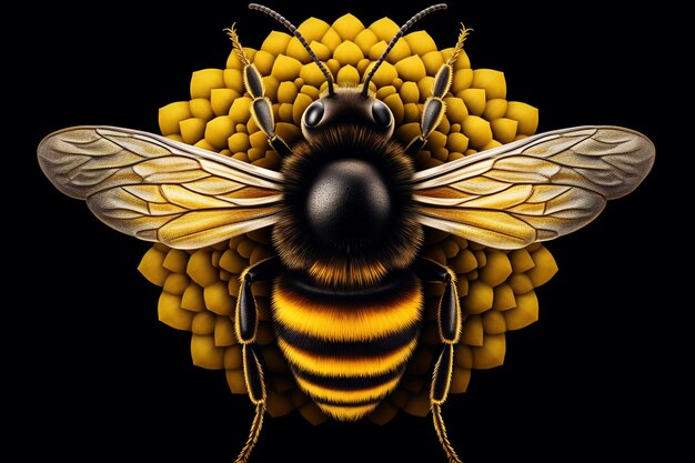 A bee with a yellow and black markings on its chest