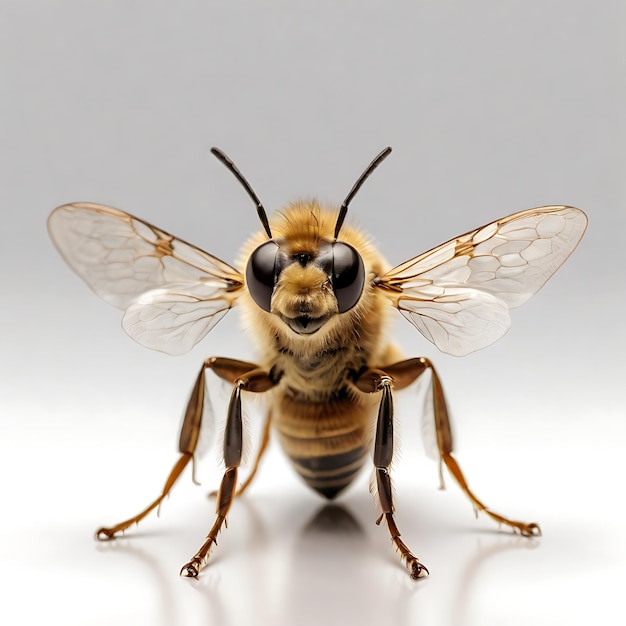 a bee with a yellow body and a black eye