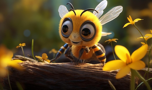 a bee with a yellow face and eyes and a bee on the ground