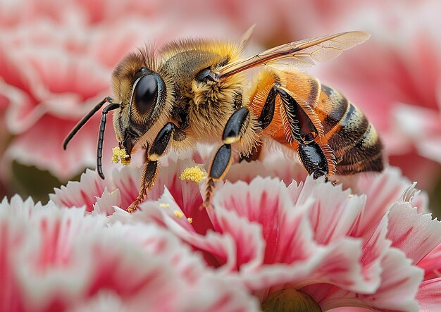 a bee with a yellow and orange body and black wings is eating a flower